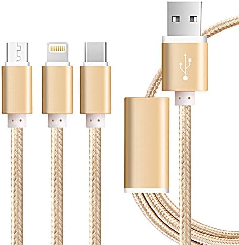 USB cable AmiDan GH Premium quality usb charging cable USB 3 in 1 multiple nylon braided fast charging cable USB type c cable 8 pin usb lightning cable micro usb cable For iPhone and Android (Gold)