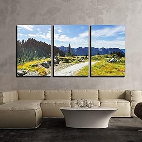 3 Piece Canvas Wall Art - Picturesque Mountain Landscape on Sunny Day in Summer Time - Modern Home Art Stretched and Framed Ready to Hang - 16"x24"x3 Panels