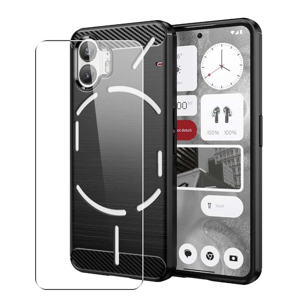 SDTEK Case Compatible with Nothing Phone 2, Full Body Front and Back 360 Protection Carbon Fibre Phone Cover with Tempered Glass Screen Protector