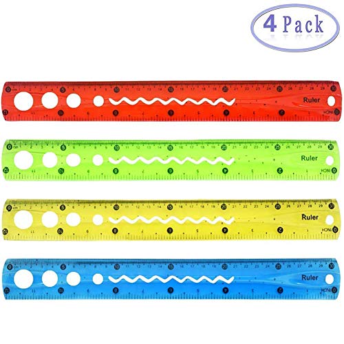 Xstar 4 Pack Flexible Rulers Durable Transparent Bendable 12 inch Rulers Shatterproof Plastic Ruler Straight Ruler Math Soft 12" Ruler,Dual Side 30cm/12inch Rulers for Student School Office(4PCS)