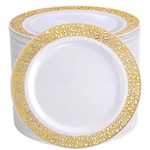 I00000 102 Pieces Gold Lunch Plates, 9" Plastic Dinner Plates with Lace Design, Disposable Gold Dinner Plates