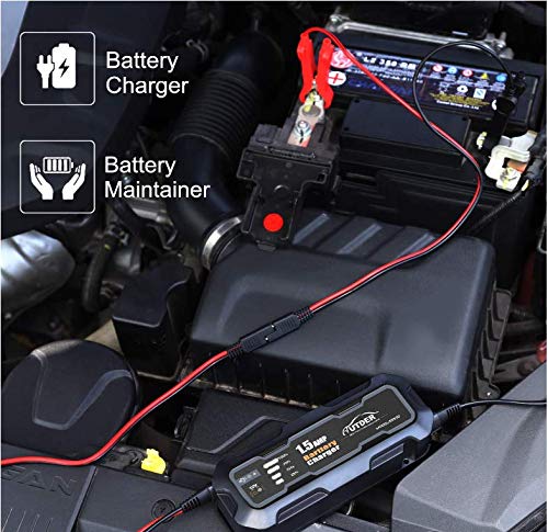 AUTDER 12V 1.5 A Smart Battery Charger with Alligator Clip and Ring Connector Portable Automatic Battery Charger Maintainer for Car Motorcycle Lawn Mower Toy Cars