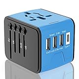 Travel Adapter, APzek International Power Adapter With High Speed 2.4A USB 3.0A Type C, European Adapter, Universal Power Adapter Wall Charger for Europe UK US AU & Asia (Blue)
