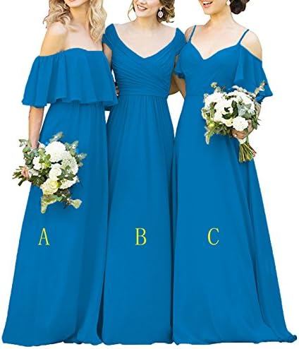 Women's Ruffles Chiffon Floor Length Bridesmaid Dresses Elegant Off the Shoulder Wedding Evening Gowns Blue-b US2