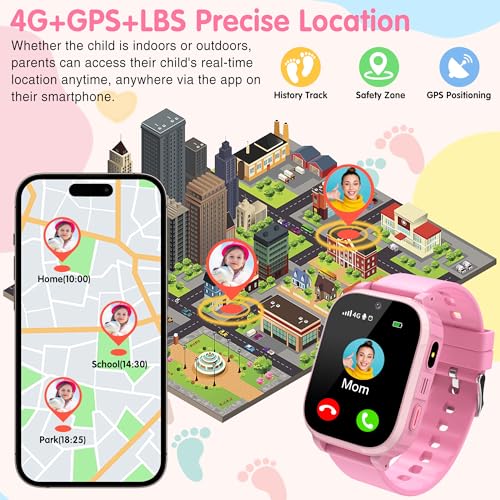 4G Children's Smartwatch with GPS and Calls, Video/Voice Chat/WiFi SMS, School Mode, Games, Alarm Clock, Flashlight, IP68, Bracelet Locator for Children Birthday and Christmas Gift