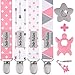 Dodo Babies Pacifier Clip & Teether Toy Set - Four Clips Plus Two Silicone Teether Toys - Universal Holder Fits Most Paci Brands - Fun Pink and Gray Prints for Girls or Boys