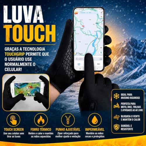 Luva Térmica Moto e Bike, Luva Impermeável, Touchscreen Antiderrapante | Proteção Contra Vento, Frio Intenso Unissex de Corrida, Trilha, Moto, Bike, Uso diário, Compatível com Celular - Premium