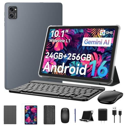 KINGRID 10 Inch Android 16 Tablet, 24GB RAM + 256GB ROM (2TB TF), GMS Touchscreen, Wi-Fi 5G, Gemini AI, 5000mAh, 8MP+5MP, GPS, Tablet with Keyboard+Mouse