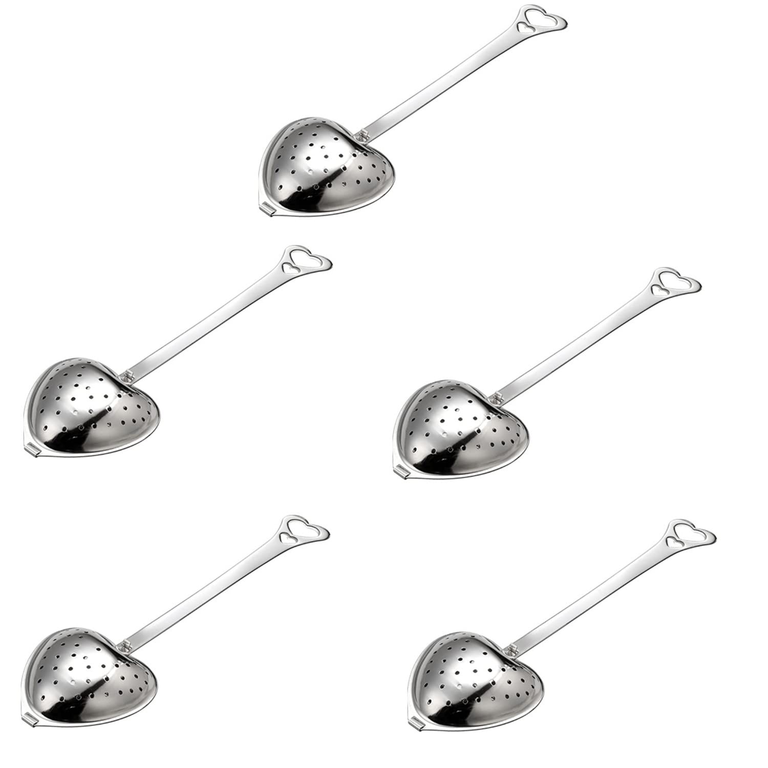 5 Heart Shaped Stainless Steel Tea Strainer - Long Grip for Loose Leaf Tea, Teapot Filter, Cooking Filter, Mulling Spices