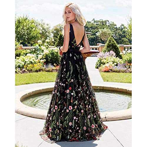 KONVINIT Womens Long 3D Flower Prom Party Dress Backless Casual Gown Tulle Prom Maxi Dress Black