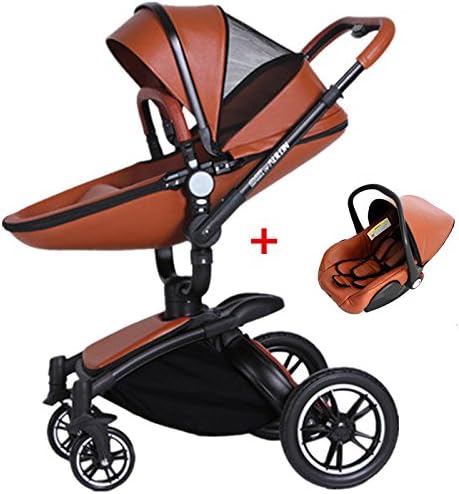 Leather, 3 in 1,, Suspension, High-view, Detachable, Washable, Portable and Folding Baby Stroller to Sit or Lie down (brown)