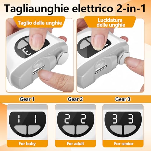 Tagliaunghie Elettrico Tagliaunghie per Piedi, 3 in 1 Tagliaunghie Automatico con LED, Tagliaunghie Elettrico Portatile per Unghie con 3 Velocità, Nessun Rumore, per Neonati, Adulti, Anziani-Grigio