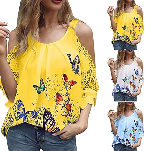 Summer Women Off Shoulder Lace Tops 3/4 Sleeve Butterfly Shirts Crew Neck Casual Floral Hollow Out Blouse Tees