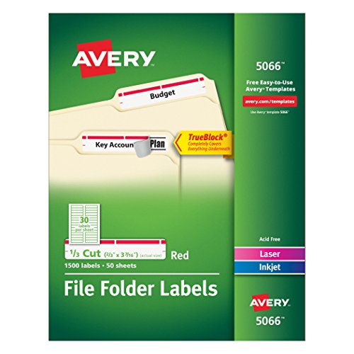 Avery Red File Folder Labels for Laser and Inkjet Printers with  TrueBlock Technology, 2/3 x 3-7/16 Inches, Box of 1500 (5066)