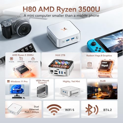 Huidun H80 Mini PC Win-11 Pro AMD Ryzen 5 (Beats 4300U/3300U/N150/N95, Up to 3.7 GHz) 16GB RAM 512GB SSD Mini Computers, HDMI+DP+USB 3.2丨4K@60Hz UHD丨WiFi+BT丨Video Editing & Graphic Design丨Silver