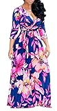 Farktop Women's V Neck Long Sleeves Digital Graffiti Printed Prom Party Maxi Long Dress with Belt,Purple,3X