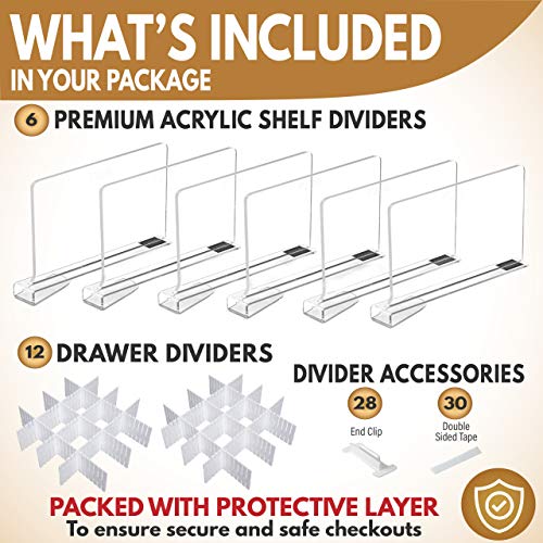 FADIFY Premium Acrylic Shelf Dividers for Closets 6PCS Clear Shelf