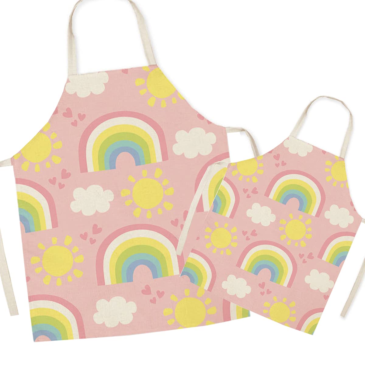 FOMAISELF Linen Parent and Child Cooking Apron - Cute Rainbow Pattern Mum and Kids Apron, Mummy Son Daughter Aprons for Cooking Baking Painting Party