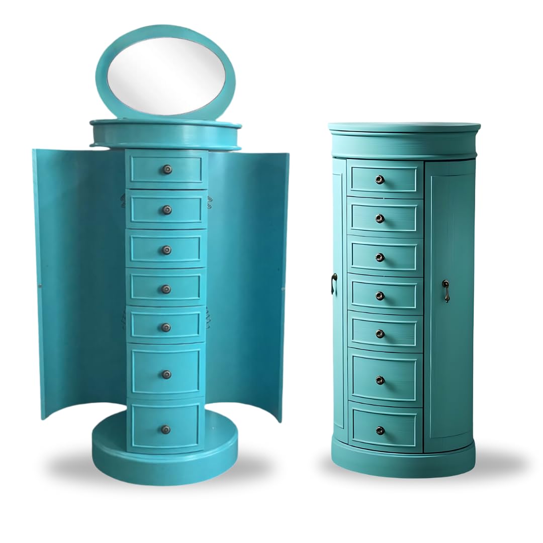 Photo 1 of *Heavy* *Small scratches* Hives and Honey Bailey Oval Standing Jewelry Armoire Cabinet, Jewelry Storage Organizer with Mirror Lid, Side Doors, 7 Drawers, Jewelry Chest, Jewelry Box for Necklaces, Earrings, Bracelets, Turquoise