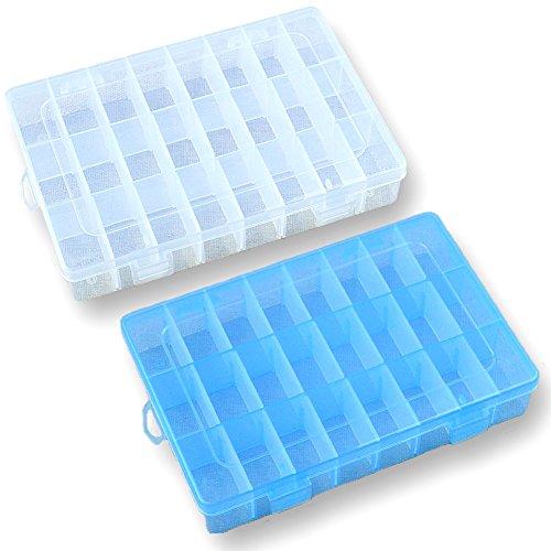 Duofire 2 Packs (2 Colors) Plastic Storage Box(24 Compartments) Jewelry Earring Tool Containers (Transprant,Blue)