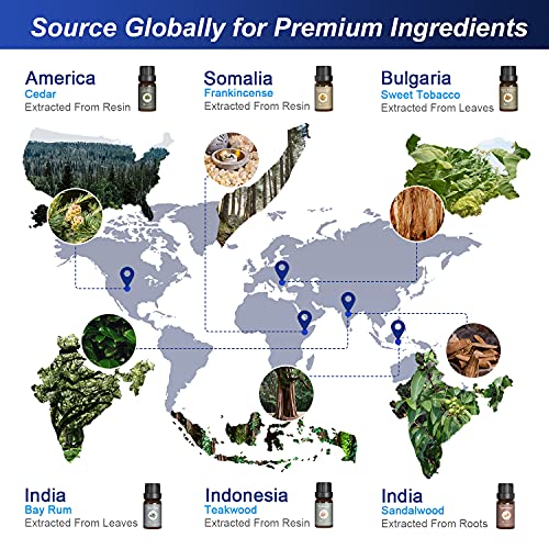 ASAKUKI Essential Oils Gift Set Premium Fragrance Oils for Gentlemen, Candle & Soap DIY Making - Sandalwood, Cedarwood, Frankincense, Teakwood, Sweet Tobacco, Bay Rum, 10ML Wood Scents