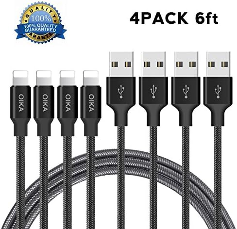 Lightning cable OIKA 4 Pack 6 FT Lightning Connector to Data Syncing Cord Compatible with and Fast Charging Cable for iPhone 8/X/5C/5S/6S/6S PLUS/7/7 / plus, iPad Air, and more (Black)