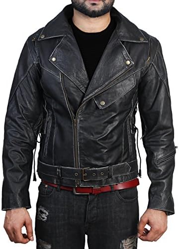 Ultimo Fashions Terminator Marlon Brando Arnold Distressed Black Real Leather Jacket (2XL - Jacket Chest 52")