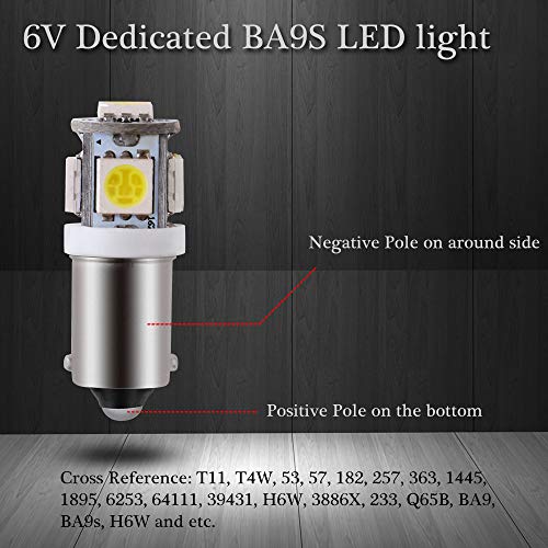GLL BA9S LED Bulb 5SMD White 1893 44 47 756 1847 Wedge Pinball Machine Light Car Instrument Panel Gauge Cluster Lamp 6VDC/6.3VDC 20pack