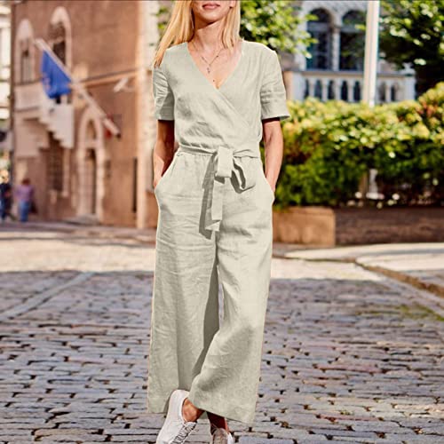 ESCBUKI Womens Business Casual Jumpsuit for Work Wrap V Neck Wide Leg Jumpsuits with Pockets Adjustable Waist Romper Denim Rompers and Jumpsuits for Women Disco Outfit Women