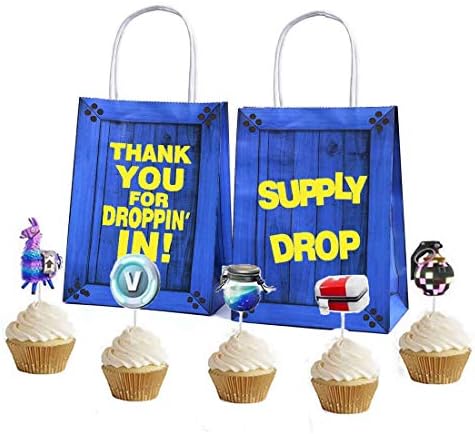 16Pcs Party Gift Bags+24 Cupcake Toppers Favor Kids Birthday Gaming Bag Fortnight Game Theme Pack Supplies