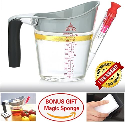ENITYA Fat Separator with Strainers 4 Cup Gravy Separartor Fat Oil Measuring Cup Stopper Slip Resistant Handle