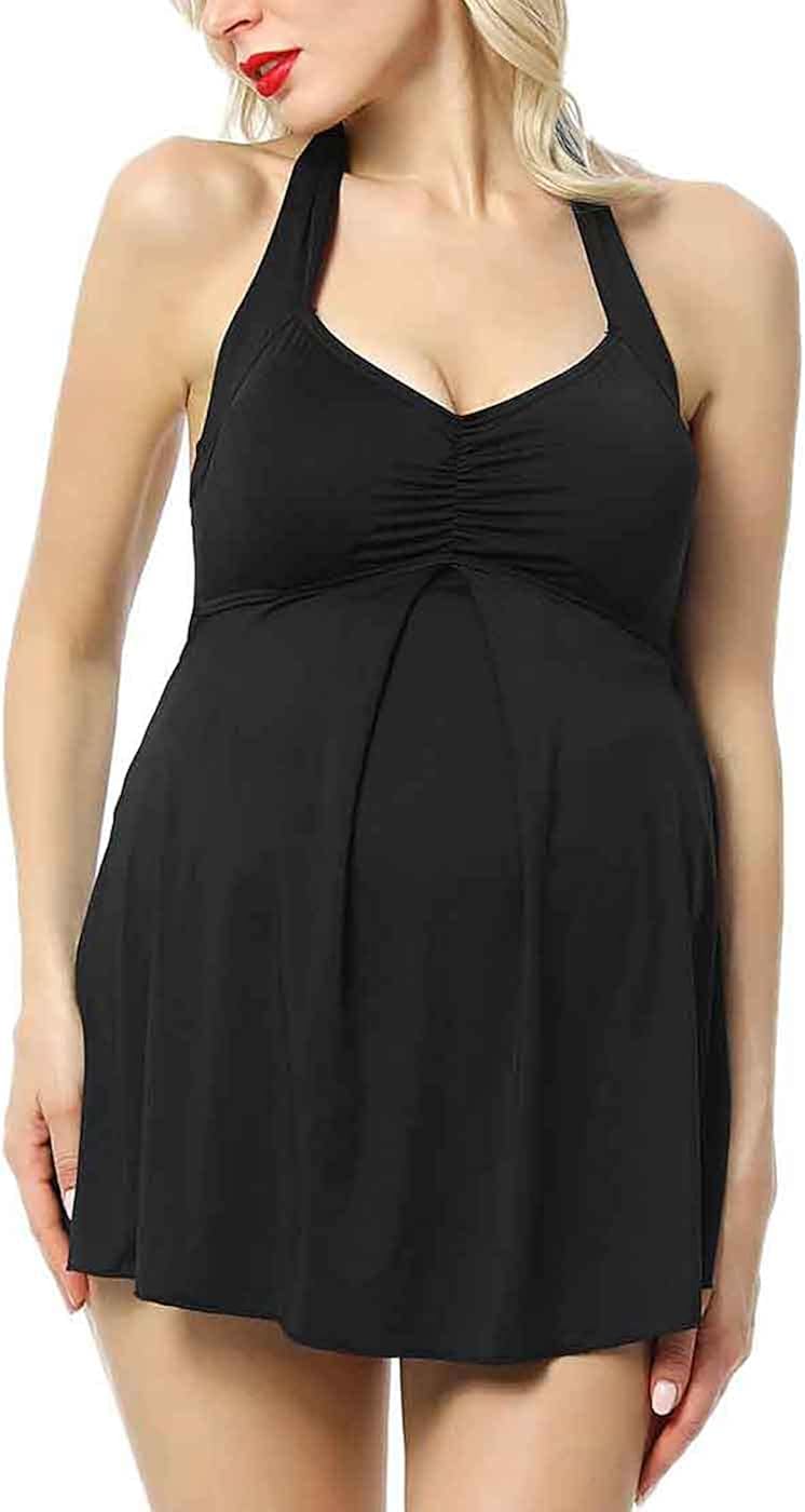 Momo Maternity Bathing Suit UPF 50 One Piece Skirted Swimdress Swimsuit (Regular & Plus Size) at