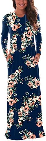 DawnRaid Navy Floral Maxi Dress Long Sleeve Fall Dresses for Women Party Wear Long Dress Plus Size XXL