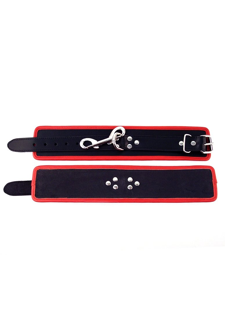 Rouge Group Black/Red Plain Leather Ankle Cuffs with Piping