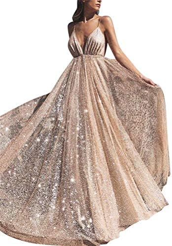 Women's Sparkling Deep V-neck Prom Dresses Long Backless Tulle Formal Evening Gown