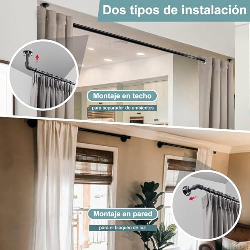 Barra de Cortina Negra, Barra Cortinas Extensible Industrial, Barra Extensible Cortina de 25 mm de Diámetro, Barra de Cortina para Montaje en Techo para Ventanas (Negro esmerilado, 48-84 pulgadas)
