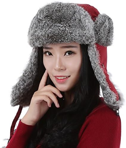Zegeon Aviator Bomber Hat with WineRed Rabbit Fur Ear Flaps
