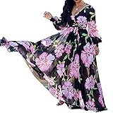Hestenve Womens Long Sleeve Floral Maxi Dress Chiffon Lining Printed Sexy Summer Dresses Plus Size