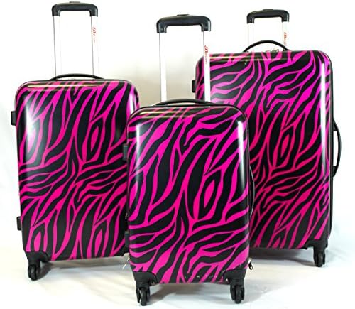 3pc Lightweight Hardside Hard Case Printed Travel PC 4 Wheels Spinner Luggage Set - Safari Animal Zebra Print (Black / Fuschia)