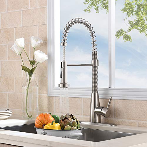 VESLA HOME Commercial Single Handle Pull Down Out Sprayer Spring Stainless Steel Kitchen Faucet, Brushed Nickel Kitchen Sink Faucet - Thumbnail 2