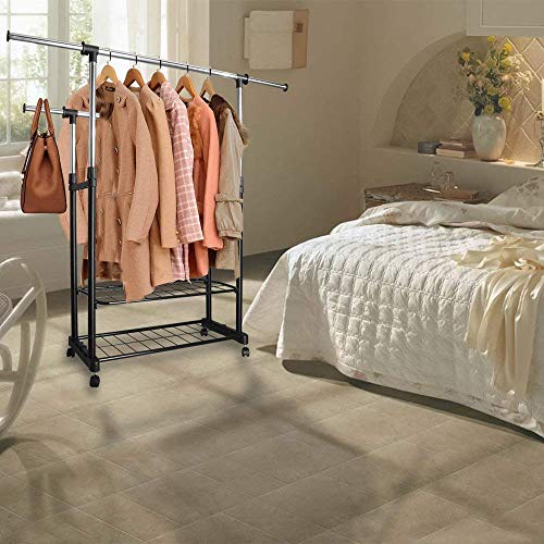 PowCube Adjustable Garment Rolling Double Rods Collapsible Clothing Rack with 2 Shelves, Large, Black