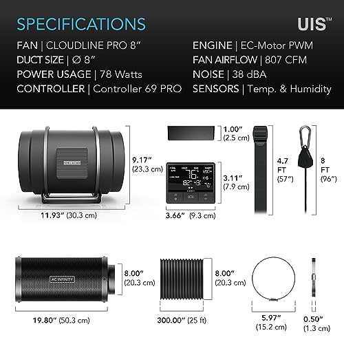 AC Infinity Air Filtration PRO Kit 8”, CLOUDLINE Inline Fan, Controller 69 PRO with WiFi App Control, Carbon Filter, Ducting, Cooling Ventilation System for Grow Tents, Hydroponics, Indoor Gardening