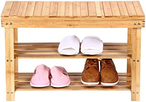 Natural Bamboo Foot Stool 2-Tier Shoe Rack Organizer with Storage Drawer on Top