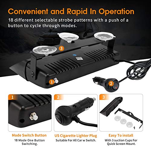 FOXCID LED Law Enforcement Emergency Hazard Warning Strobe Flashing Lights 16 LED High Intensity 18 Modes for Interior Roof Dash Windshield with Suction Cups (White & Amber)