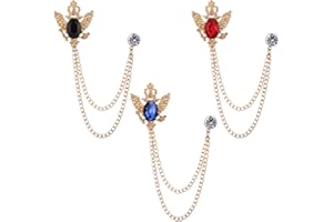 SHUXY 3PCS Men's Brooch Hanging Chain Brooch Black Blue Red Stone Animal Double Headed Eagle Tassel Suit Pin Metal Crystal Brooch Suit Stud Lapel Pin Vintage Rhinestone Breastpin Wedding Brooch Pin, Gold