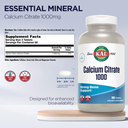 KAL Calcium Citrate 1000mg, Calcium Supplements for Women and Men, Bone