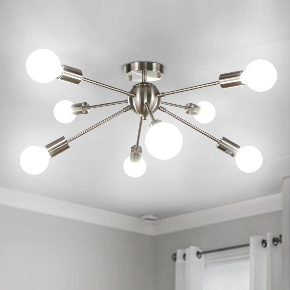 LynPon Sputnik Ceiling Light Nickel Modern Chandeliers 8-Light Ceiling Lighting Fixture Silver for Living Room Bedroom Kitchen