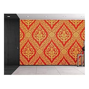 Traditional Thai Painting in red and Gold - Ornate Temple Decoration - Wall Mural, Removable Sticker, Home Decor - 66x96 inches