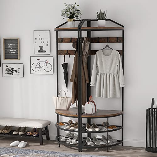 GiftGo Corner Hall Tree with Shoe Bench Entryway Coat Rack with 10 Metal Movable Hooks
