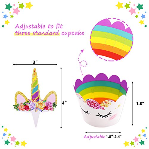 24 Pack Unicorn Cupcake Toppers and Wrappers Birthday Cake Decorations +2 Unicorn Masks for Unicorn Themed Party Baby Shower Supplies